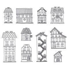 Set of cute hand drawn houses. Vector city street collection