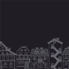 Hand drawn card template with cute hand drawn houses. Vector city street collection