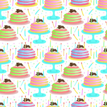 bright multi-colored seamless pattern with the image of cakes. Drawn by hand in a cartoon style. Decor for textiles, packaging paper or Wallpaper.	