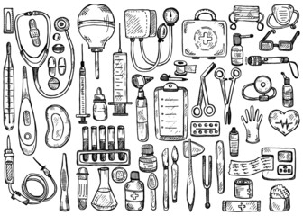 Big medical set including equipment , medical tools and drugs. Vector hand drawn medical collection