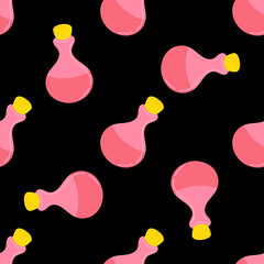 seamless pattern of glass bottles filled with elixir on a black background. The concept of Halloween, witchcraft