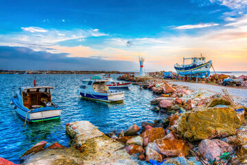 Fototapeta na wymiar Bozcaada harbour view. Bozcaada is populer tourist island in Aegean Sea.