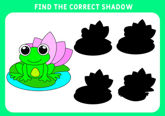 
Find the correct shadow educational game for kids. small Frog. game for children. Preschool worksheet. Vector illustration.