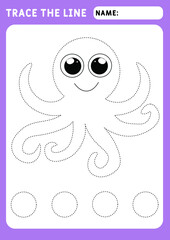 Preschool worksheet for practicing fine motor skills - tracing dashed lines. Tracing Worksheet. little Octopus. Illustration and vector outline - A4 paper ready to print.