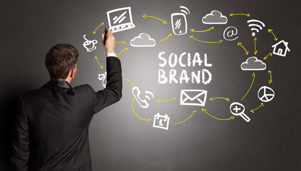 businessman drawing social media icons with SOCIAL BRAND inscription, new media concept
