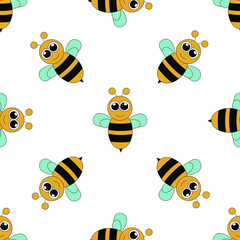Bee seamless pattern. colored trendy vector illustration. Cartoon style. Flat design. Seamless pattern. flyer, congratulation, invitation, poster, banner, card, web, packaging.