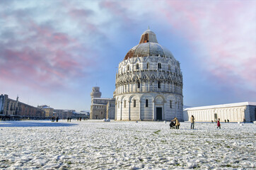 Field of Miracles in Pisa after a snow storm in winter, Italy