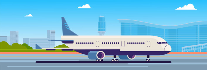 Airport Terminal With Aircraft Flying Plane Taking Off Flat Vector Illustration, Airport control tower, terminal building and parking area. Cityscape. Sky with clouds - obrazy, fototapety, plakaty