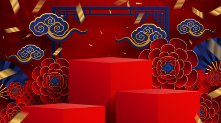 Podium round stage podium and paper art Chinese new year 2021 year of the ox , red paper cut ,flower and asian elements with craft style on background.