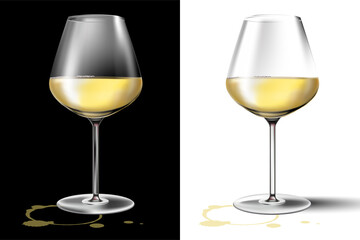 Isolated 3d realistic vector empty and full white wine glass on transparent background with stain for menu and restaurant lists.