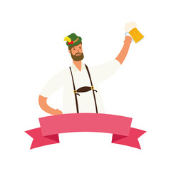 german man wearing tyrolean suit drinking beer with ribbon