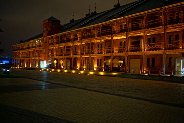 Fototapeta na wymiar Yokohama Red Brick Warehouse in Yokohama, Japan at night. It is known in Japanese as Aka-Renga-Soko