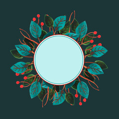 Watercolor floral frame. Botanical wreath. Greenery illustration on a dark background. Postcard, poster, banner with space for text