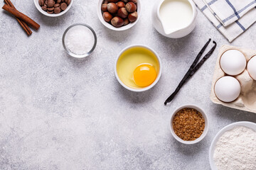 Ingredients for baking - flour, milk, salt, sugar, eggs.