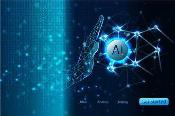 Artificial intelligence futuristic tech background, binary code, virtual concept for web and technology. Global network connections with Ai technology and active buttons.
