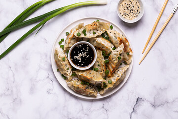 Fried dumplings Gyoza on a plate on a light marble background