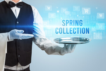 Waiter serving SPRING COLLECTION inscription, online shopping concept