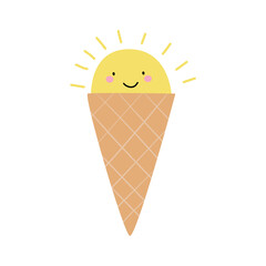 Ice cream cone in the shape of the sun. Cute cartoon ice cream. Vector flat illustration.