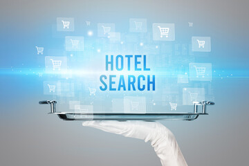 Waiter serving HOTEL SEARCH inscription, online shopping concept