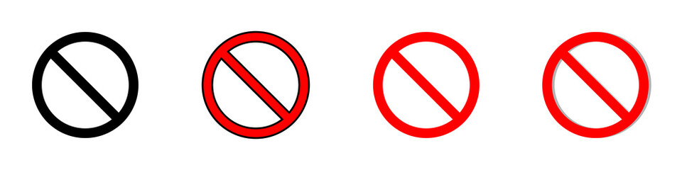 Conjunto de señales de prohibición aisladas sobre fondo blanco. Marcas de restricción de diferente estilos. Ilustración vectorial