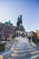 Fototapeta na wymiar Prince Mihailo Monument located in the main Republic Square in Belgrade, Serbia