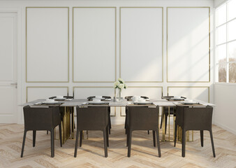 luxury dining room with table and chair , gold pattern wall . 3d rendering
