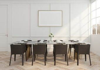 Modern luxury dining room with table and chair , white pattern wall and picture frame . 3d rendering