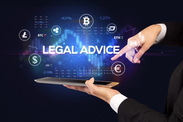 Close-up of a touchscreen with LEGAL ADVICE inscription, business opportunity concept