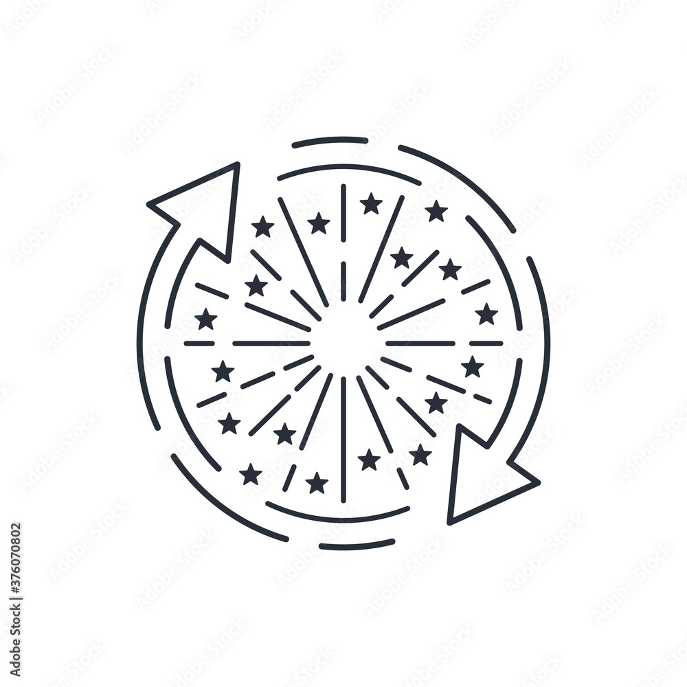 Poster festive fireworks and rotation arrows. vector linear icon isolated on white background.