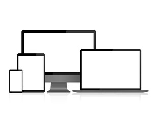 Realistic Vector Digital Tablet, Mobile Phone, Smart Phone, Laptop and Computer Monitor. Modern Digital Devices Isolated on a white background. Vector EPS 10