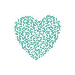 Heart made of green leaves. Heart shaped leaves. Heart made from leaves. Design for postcards.