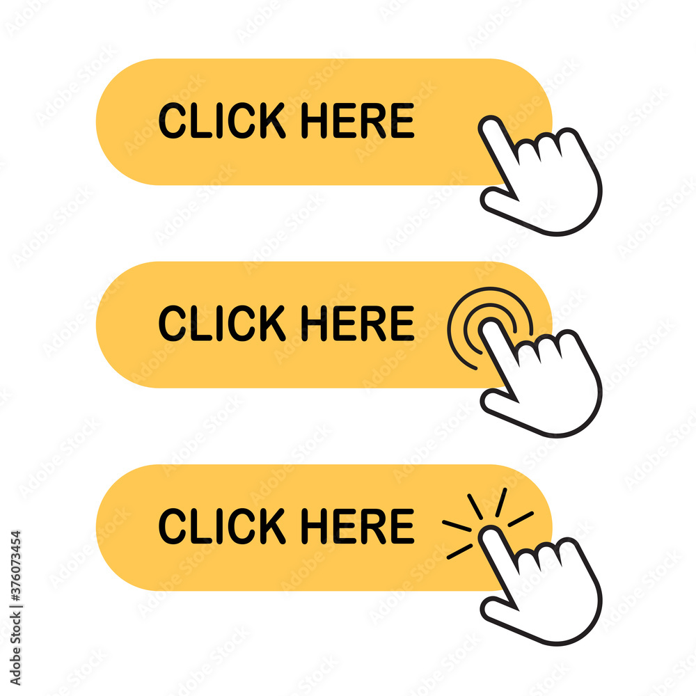 Poster click here button with hand pointer clicking, icons set isolated on white background. vector eps 10