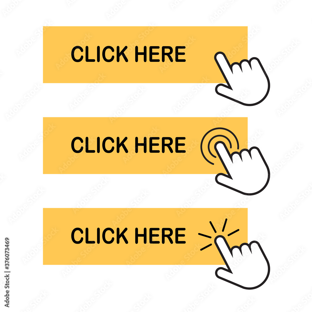 Poster click here button with hand pointer clicking, icons set isolated on white background. vector eps 10