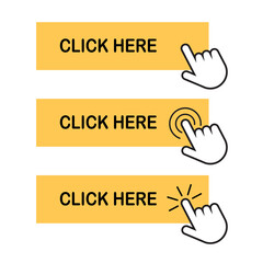 Click here button with hand pointer clicking, icons set isolated on white background. Vector EPS 10