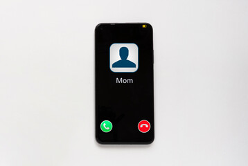 Incoming call on the smartphone screen. Incoming call from mom. Telephone on a white background. Flat design. Modern concept for web banners, websites. Service call.