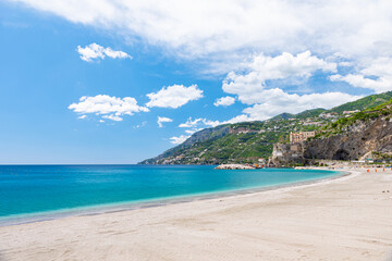 Fototapeta na wymiar Maiori, Amalfi Coast. Italy. The beach and the coast of Maiori in a sunny day.