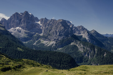 Fototapeta premium Spectacular Brenta Central mountain group and its summits as seen from Monte Spinale (mountain), above Madonna di Campiglio village, Dolomites, Trento, Trentino, Alto-Adige, South Tyrol, Italy.