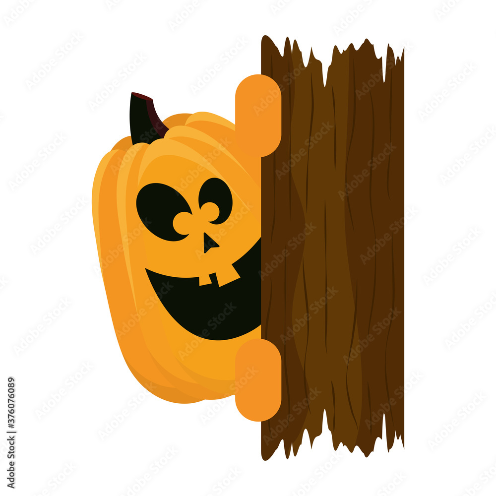 Sticker halloween orange pumpkin face with wooden board