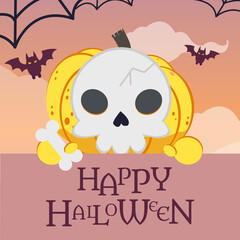 The character of pumpkin with the skeleton costume in flat vector style. illustation for halloween party for background, graphic,content , banner, sticker label and greeting card.
