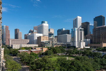 Fototapeta na wymiar Aerial View of Downtown Houston Skyline With Large Park in the Middle
