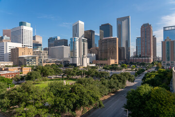 Fototapeta na wymiar Aerial View of Empty Houston Texas Streets with Clear Blue Skies
