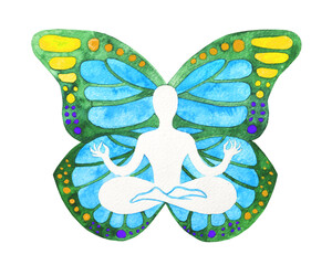 Disegno grafico una farfalla, anima. Illuminazione spirituale. Padmasana.