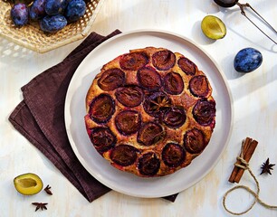Round honey cake or muffin with fresh plums on a light grater on a light concrete background. Plum baked goods.