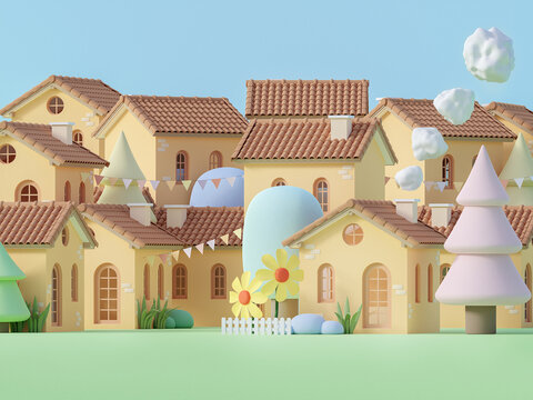 Small village cartoon style in pastel color 3d render, It has a flat blue color background. Decorated with Rail flag low polygon tree and flower.