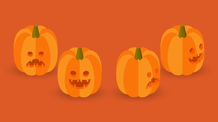 Set of isometric halloween pumpkins. Jack-o'-lanterns isolated on violet background.
