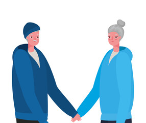 Fototapeta premium Senior woman and man cartoons holding hands vector design