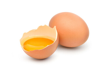Chicken egg and half with yolk isolated on a white background. - obrazy, fototapety, plakaty