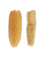 luffa sponge natural fiber, Dry Luffa for body scrubbing on white background.