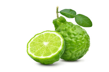 Bergamot fruit with cut in half and leaf isolated on white background. Clipping path. - obrazy, fototapety, plakaty