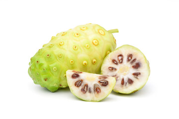 Naklejka na ściany i meble Noni or Morinda Citrifolia fruits with sliced isolated on white background (Rubiaceae Noni, great morinda, indian mulberry, beach mulberry, cheese fruit, Gentianales)